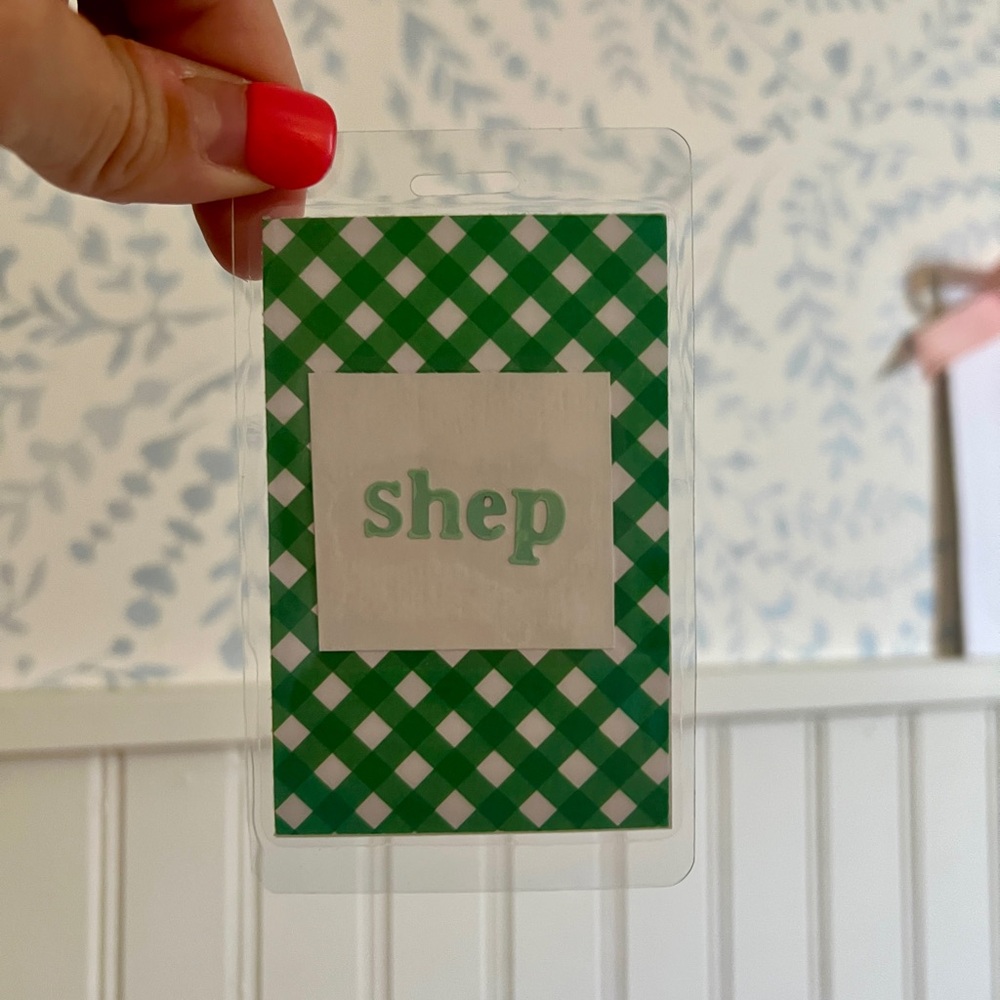 Green plaid 'Shep' bag tag custom